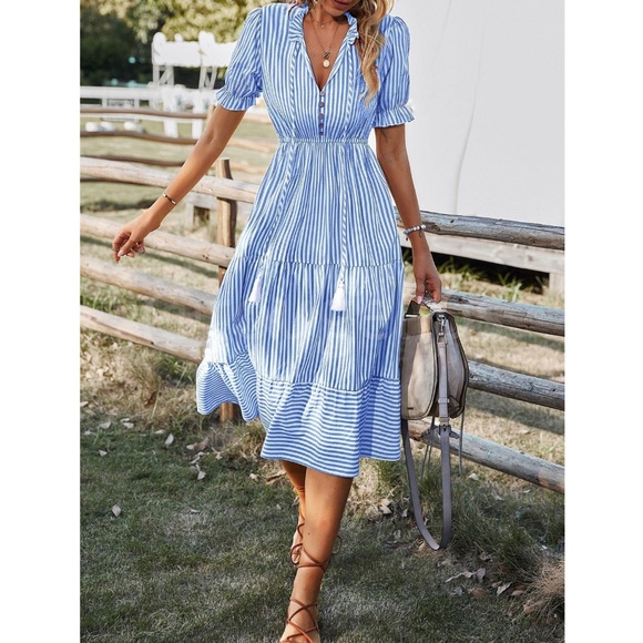 Striped Blue White V-Neck Midi Dress Babydoll Fit & Flared Tassel Ties - Picture 2 of 6